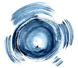 Hand drawn acrylic element, blue round stroke isolated on white background.