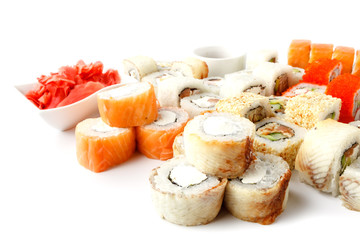 Sushi rolls with salmon and sesame close-up macro shot