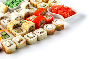 Sushi rolls with salmon and sesame close-up macro shot