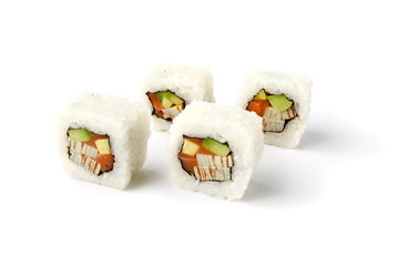 Close-up of sushi pieces isolated on white background