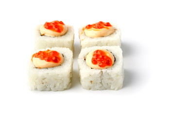 Close-up of sushi pieces isolated on white background
