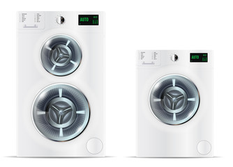 Front Load White Washing Machine and Front Load White Double Washing Machine Isolated on a white Background. Washing Machines with Electronic Control Panels. Vector