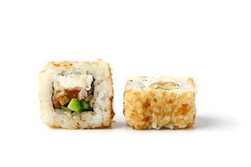 Close up japan unagi sushi roll isolate on whie