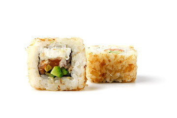 Fresh japanese sushi rolls on a white background