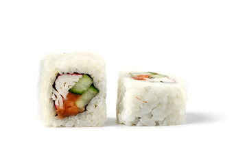 Close-up of sushi pieces isolated on white background