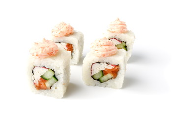 Fresh japanese sushi rolls on a white background