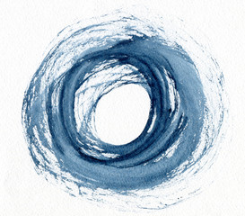 Blue brush stroke in the form of a circle. Drawing created in ink sketch handmade technique. Circle doodle.