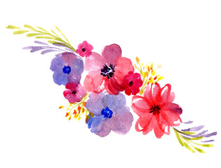 Bouquet of delicate watercolor spring flowers for wedding greeting card. Modern botanical illustration on white background.