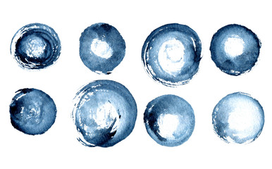 Blue hand painted watercolor bubbles. Web elements for icons, banners and labels. Isolated shapes on white background.