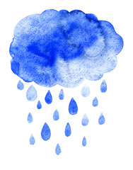 Rain cloud precipitation with rain drops. Hand drawn watercolor illustration.