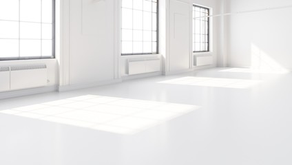 Modern white interior with blank concrete wall and windows. Mock up, 3D illustration