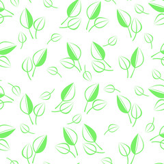 Seamless pattern with green leaves. Floral background, vector illustration on white background.