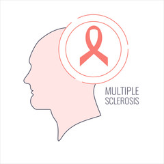 Multiple sclerosis poster with men's silhouette and orange ribbon on white background. Side view. Body anatomy sign. Central nervous system disease. Line style vector illustration.