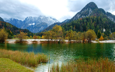 Fototapeta na wymiar Beautiful Jasna lake on autumn color at Kranjska Gora
