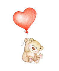 Cute Teddy bear flying on heart shape balloon - 194189951