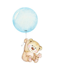 Cute Teddy bear flying on blue balloon - 194189960