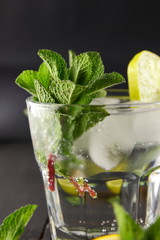 Mojito on a dark background, summer cocktail with lime and mint, refreshing drink with lemon, fresh mint for cocktail, celebratory drink with ice, vegan, copy space, minimalist cocktail, art