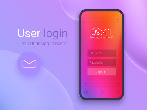Clean Mobile UI Design Concept. Login Application with Password Form Window. Trendy Holographic Gradients. Flat Web Icons. Vector EPS 10