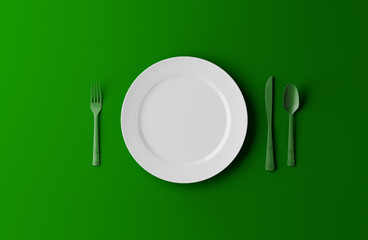 Empty plate, fork and knife isolated on green background. 3d illustration