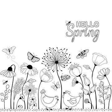 HELLO Spring. Card with cute cartoon chicken between flowers