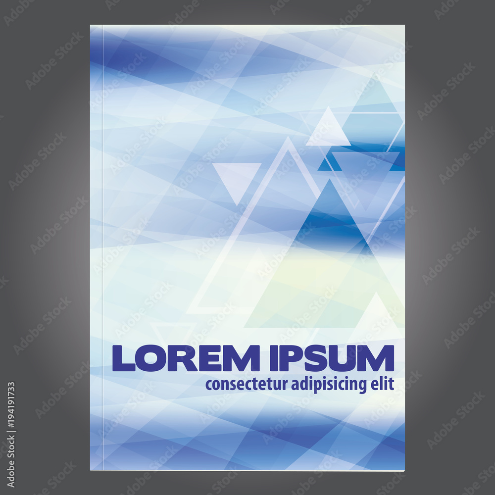 Poster abstract cover design for brochure or textbook with triangles on light blue background. cmyk color m