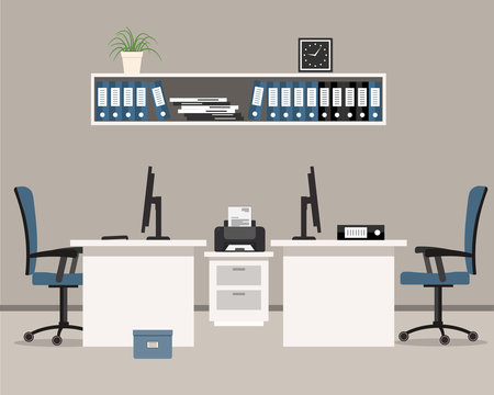 Office in a gray color. Workplace for two office workers with white furniture and blue chairs. There is also a printer in the picture and a shelf with folders, office supplies on the wall. Vector
