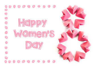 Happy International Women’s Day celebrate on March 8, congratulatory CARD. rose-color paper hearts shape figure eight 8 on white background 