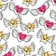 cute hearts love and stars with wings kawaii pattern vector illustration design