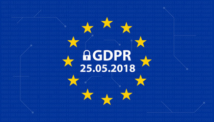 GDPR Banner mit Sicherheitsschloss, EU-Flagge mit Bits und Schaltplan