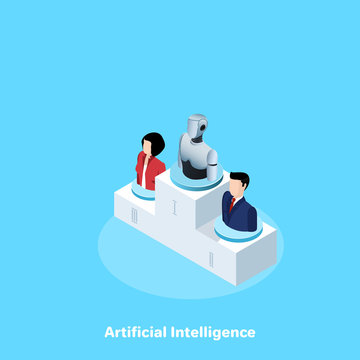 icons of people in business suits and a robot on a pedestal, isometric image