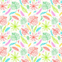 Seamless pattern from hand  draw structure of  tropic leaves colorful on white in line art for creative design package of  cosmetic or  perfume or for design of  botanical theme