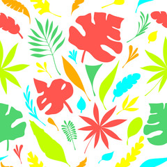 Flat Seamless pattern from hand  draw silhouette of  tropic leaves colorful on white in line art for creative design package of  cosmetic or  perfume or for design of  botanical theme