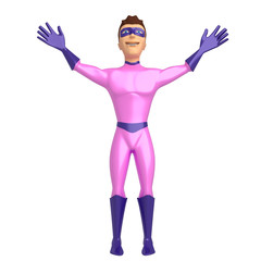 3d character in a superhero costume with his hands up on a white background. 3d illustration