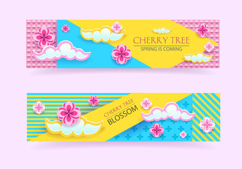 Cut paper Banner set with sakura, japaneese cherry tree blossom. Vector graphic design.