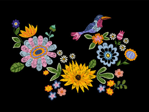 Embroidery ethnic pattern with bird and fantasy flowers. Vector embroidered floral design for fashion.