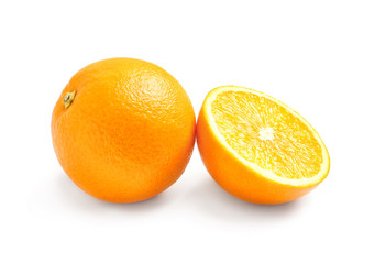 Juicy ripe oranges on white background