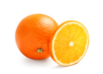 Juicy ripe orange on white background