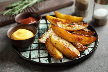 Plate with tasty potato wedges and sauces on table