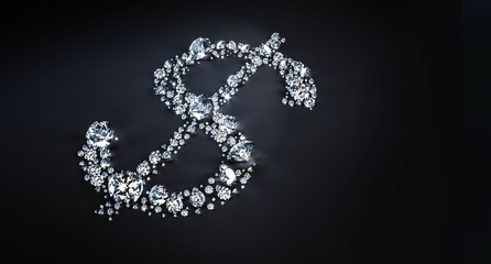 Set of diamonds lying in the shape of a dollar sign on the surface. 3d illustration