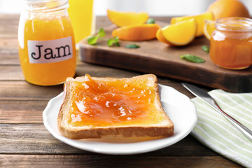 Delicious toast with sweet jam on plate