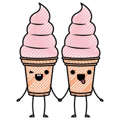 delicious ice cream couple kawaii character vector illustration design