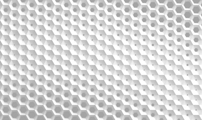 The white grid of cells in the form of hexagonal honeycombs with different diameter, which go from larger to smaller and in reverse. 3d illustration