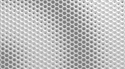 The white grid of cells in the form of hexagonal honeycombs with different diameter, which go from larger to smaller and in reverse. 3d illustration - obrazy, fototapety, plakaty