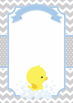 cute baby shower card with little baby rubber duck on chevron pattern and polka dots background