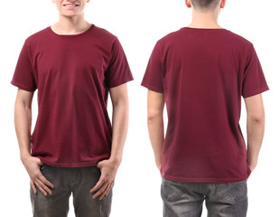 Front and back views of young man in stylish t-shirt on white background. Mockup for design