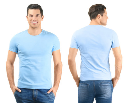 Front and back views of young man in stylish t-shirt on white background. Mockup for design