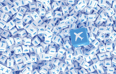 A lot of scattered cubes with logos of different types of transport. 3d illustration