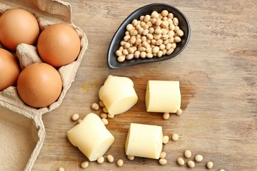Eggs tofu and soybeans