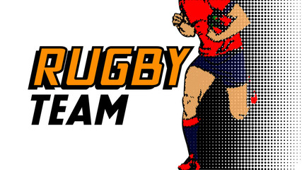 Sport poster wiht stylized Rugby player and decorate text. Vector illustration.