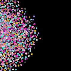 Beads isolated on black. Fashion accessory. Handmade craft. Glass beads top view. Sequins. Heap of gems. Rhinestones. Realistic illustration. 3d rendering. Hobby. Jewelry making.